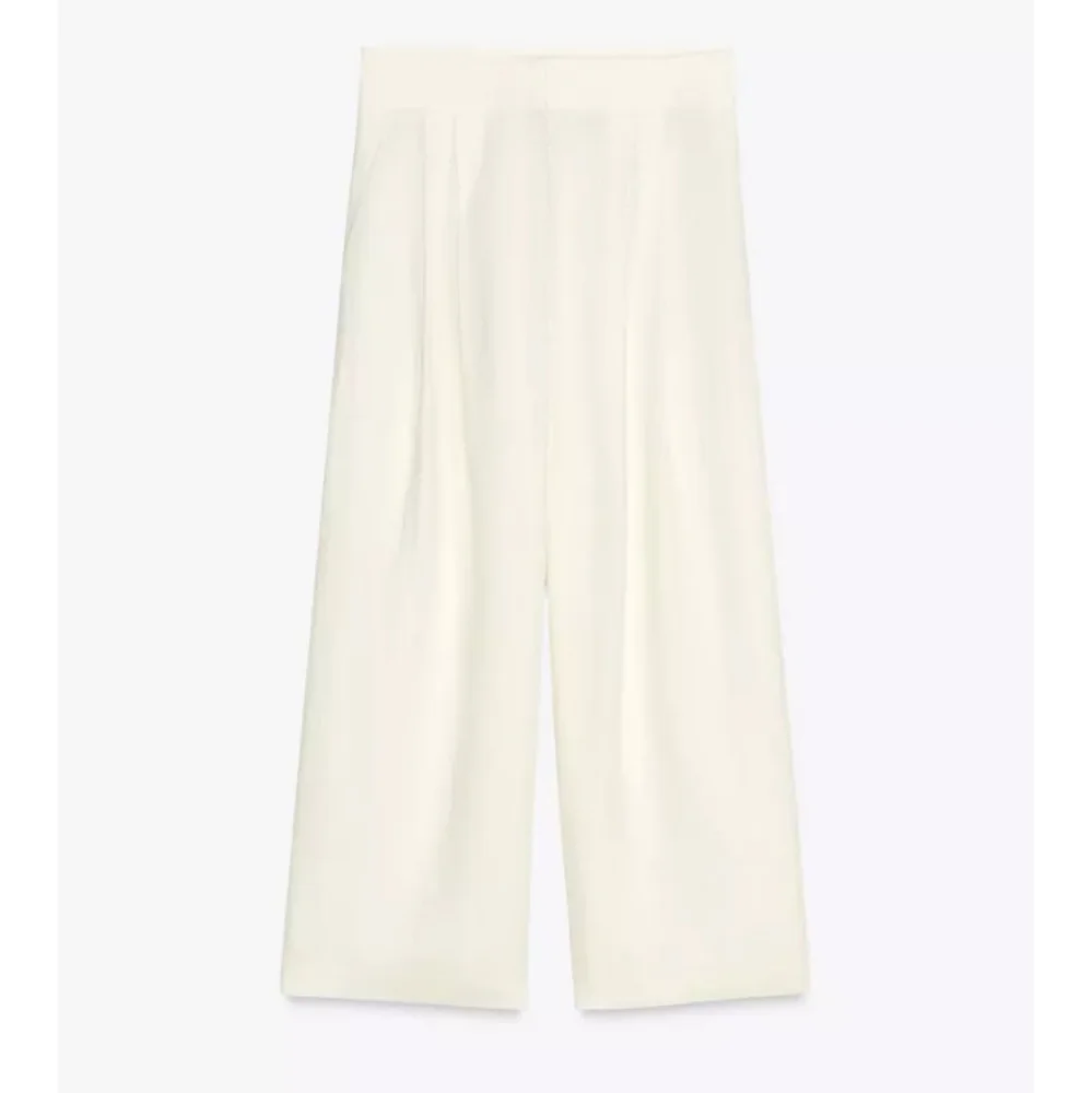Zara Zw Collection 100% Linen Wide Leg Cream Cropped Pleated Pants Sz-L